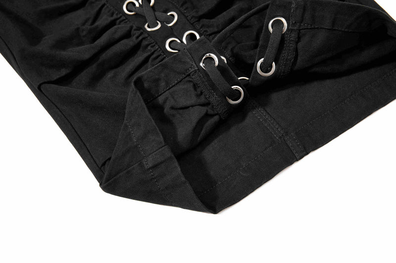 Black shorts lace-up front hem detail, angled close-up