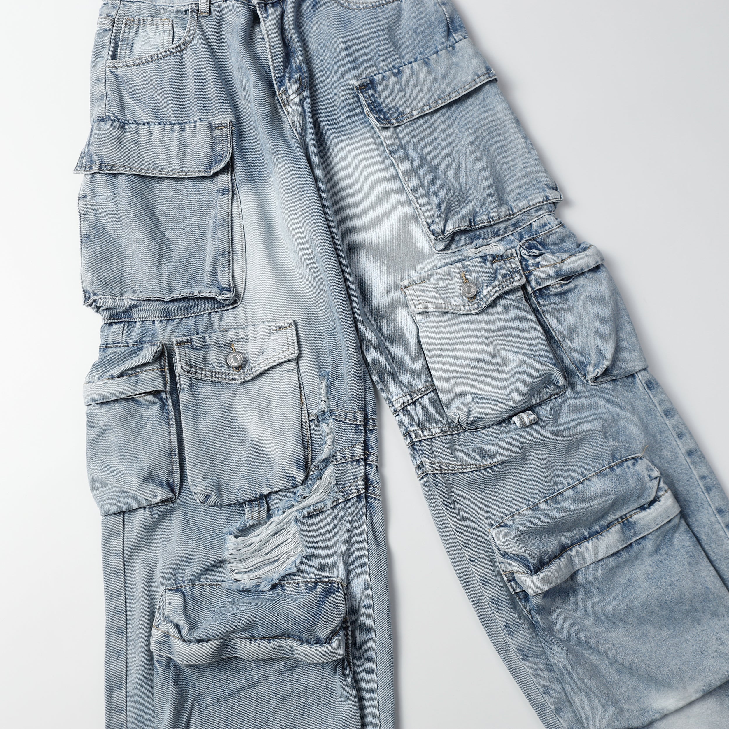 Distressed Multi-Pocket Cargo Denim Pants | Streetwear