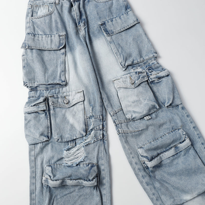 Distressed Multi-Pocket Cargo Denim Pants | Streetwear