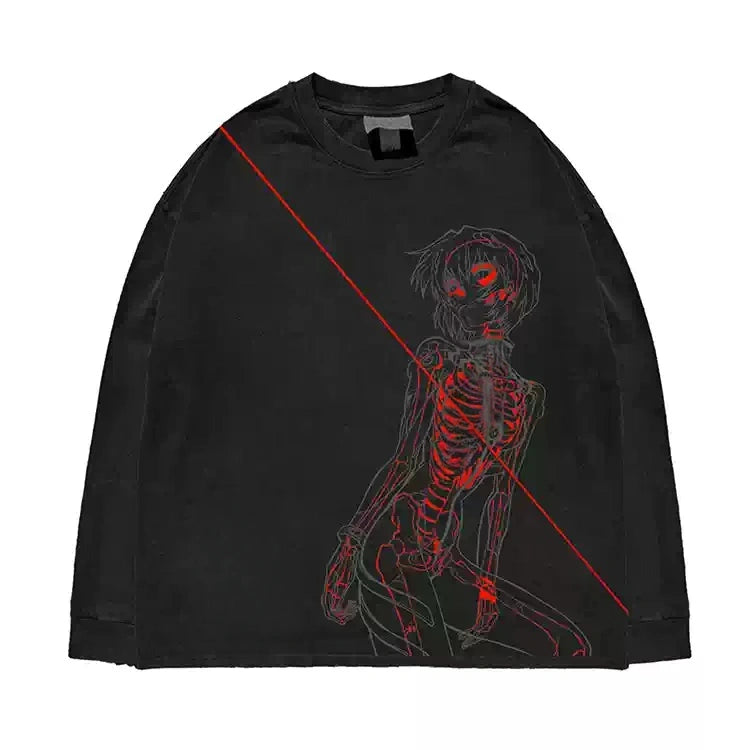 Dark Anime Skeleton Graphic Oversized Long Sleeve Shirt