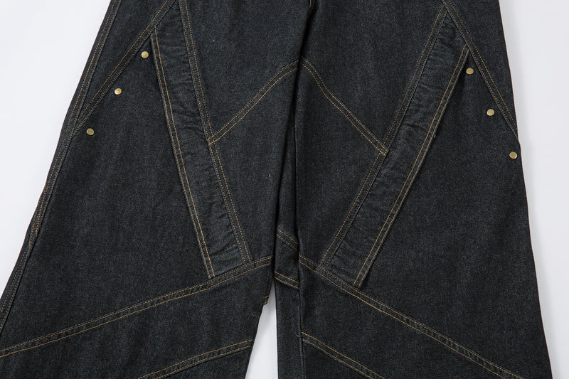 Multi-Panel Wide-Leg Denim Pants with Contrast Stitching