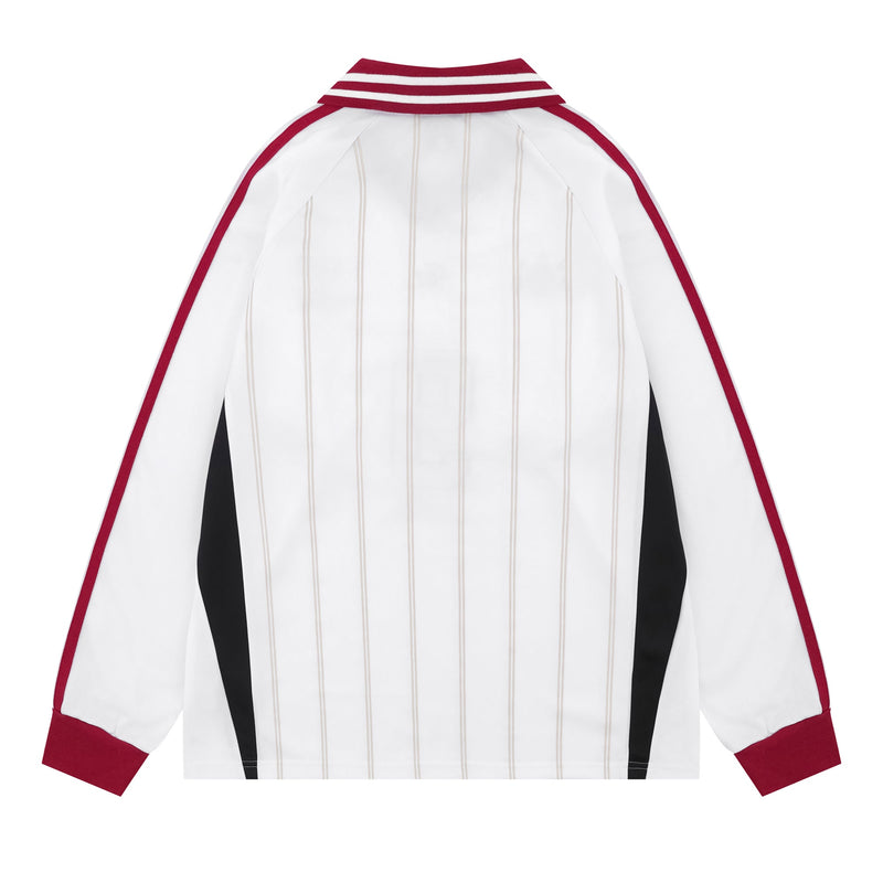 Back view of white pinstripe soccer jersey with maroon striped collar and red sleeve trim
