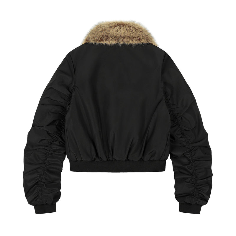 Detachable Faux Fur Scarf Bomber Jacket | Olive & Black