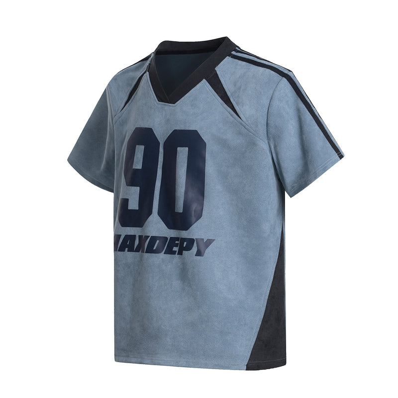 Gray colorblock varsity mesh jersey tee with black trim, number 90 graphic, and streetwear style front view