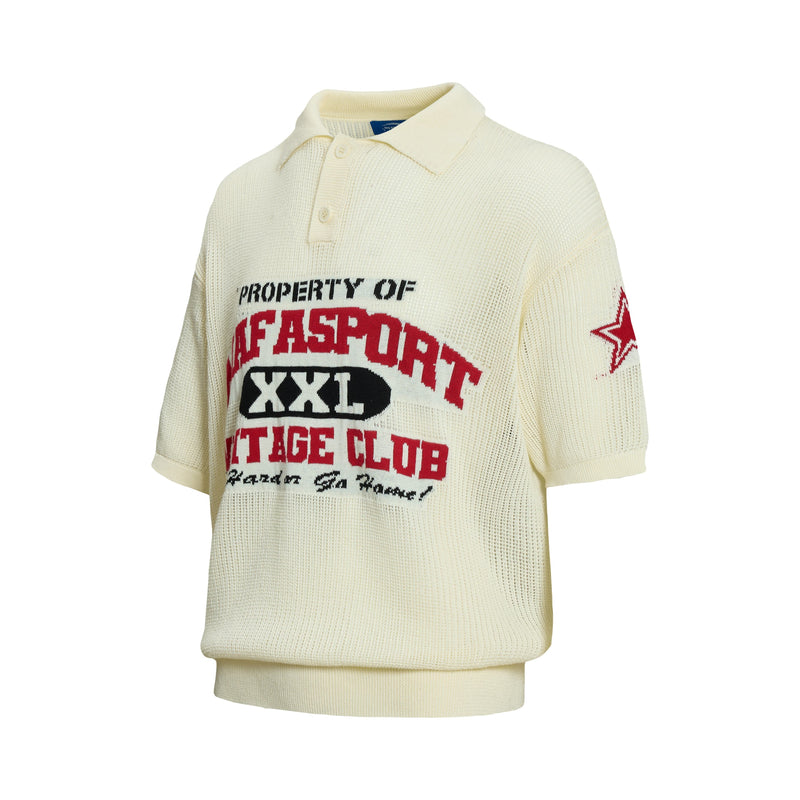 Cream knit varsity polo shirt with red and black collegiate graphic text and star patch on the sleeve