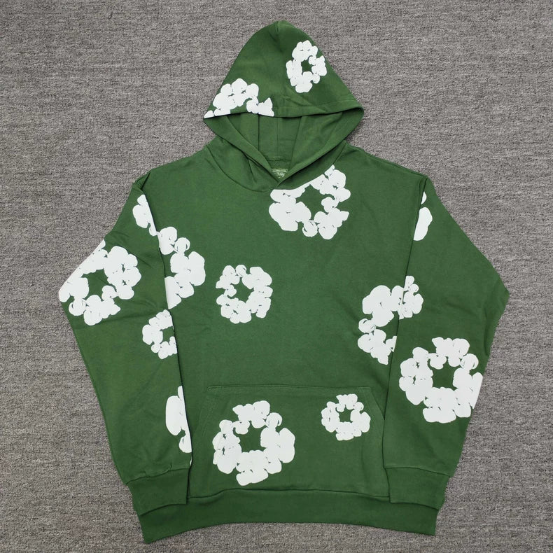 Forest Green “Cotton Wreath” Denim Tears Hoodie – White Floral Print Streetwear Pullover