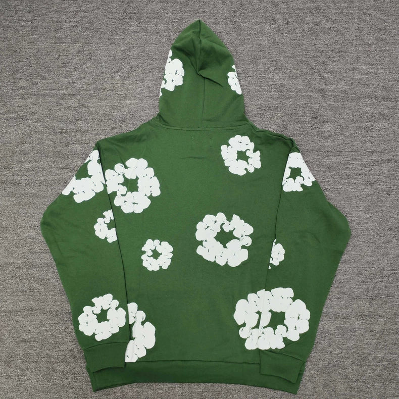 Forest Green “Cotton Wreath” Denim Tears Hoodie – White Floral Print Streetwear Pullover