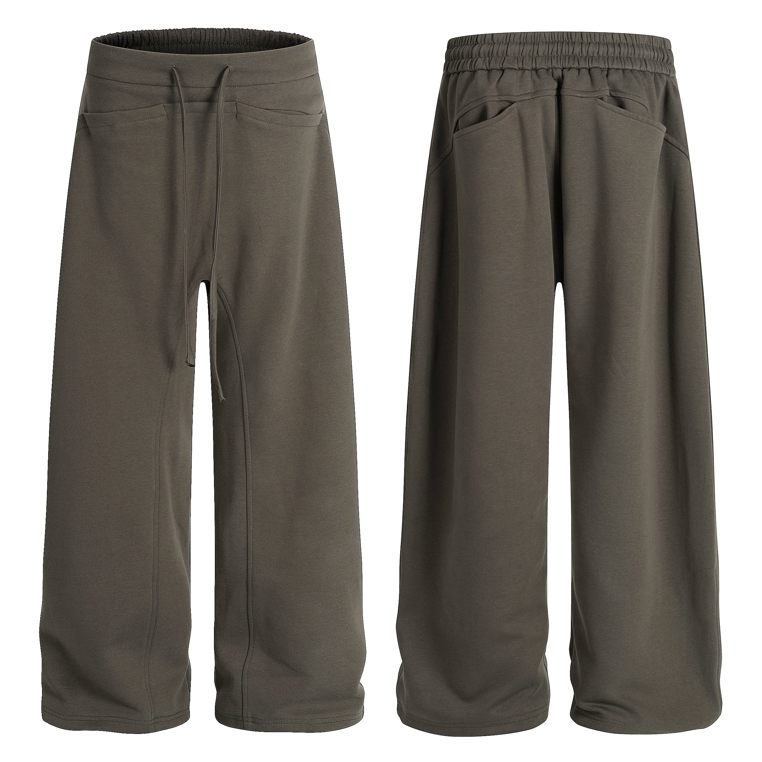 Front and back view of olive wide-leg relaxed knit pants with drawstring waistband and patch pockets