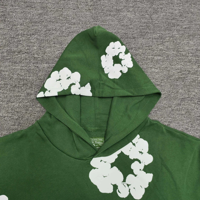 Forest Green “Cotton Wreath” Denim Tears Hoodie – White Floral Print Streetwear Pullover
