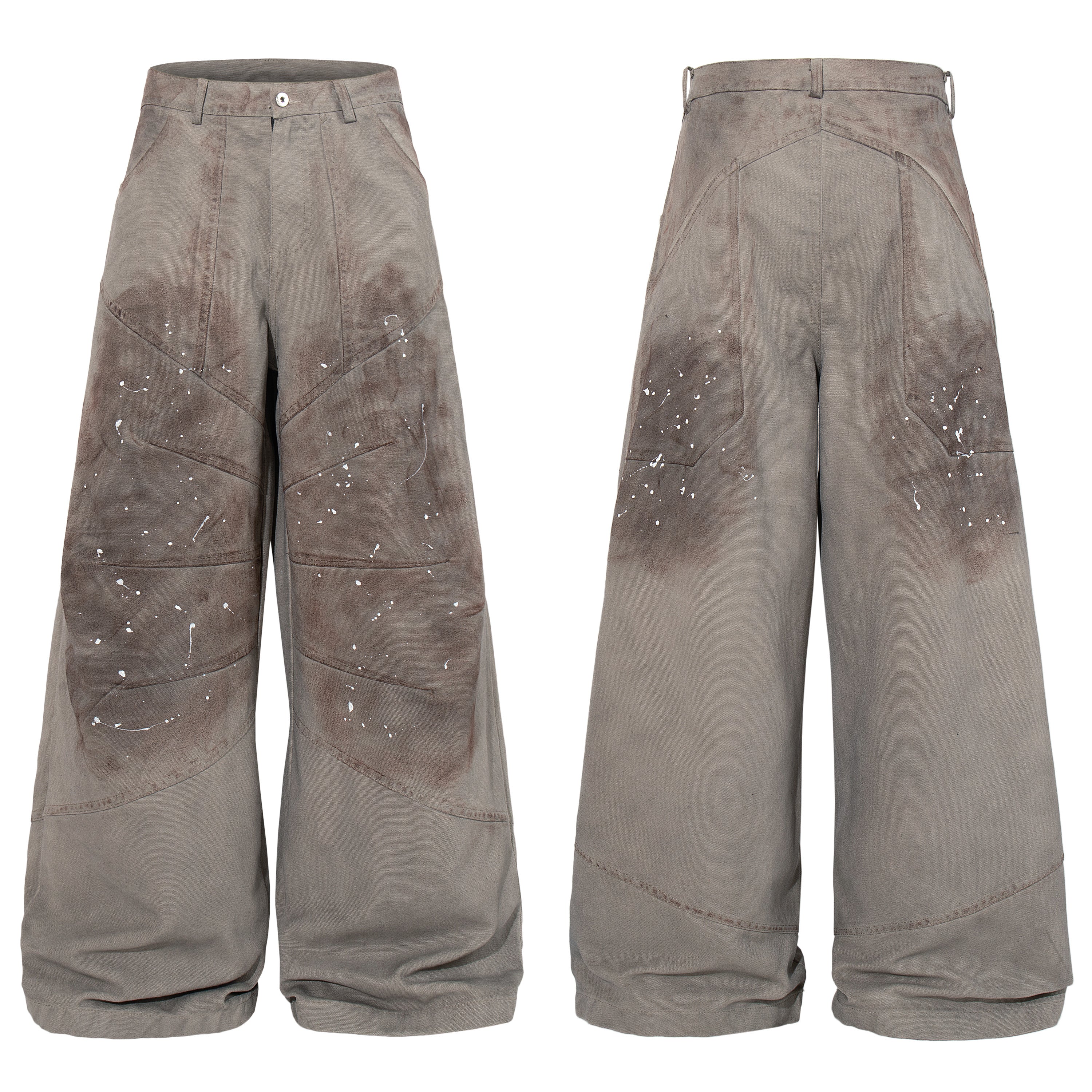 Front and back view of grey distressed wide-leg pants with diagonal panel seams and white paint-splatter detailing