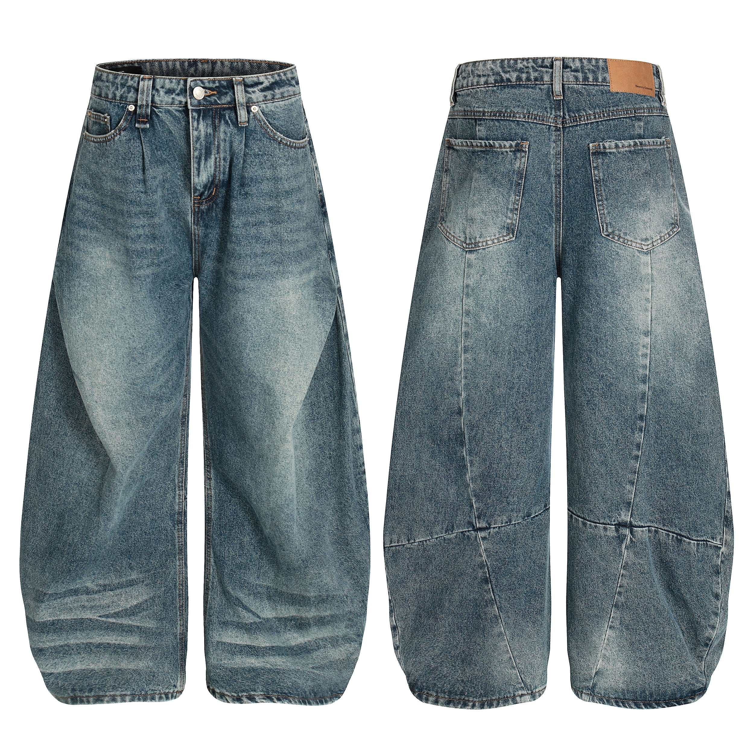 Front and back view of Omirad 3D panel balloon fit vintage jeans in mid-blue heavy wash with wide sculptural legs