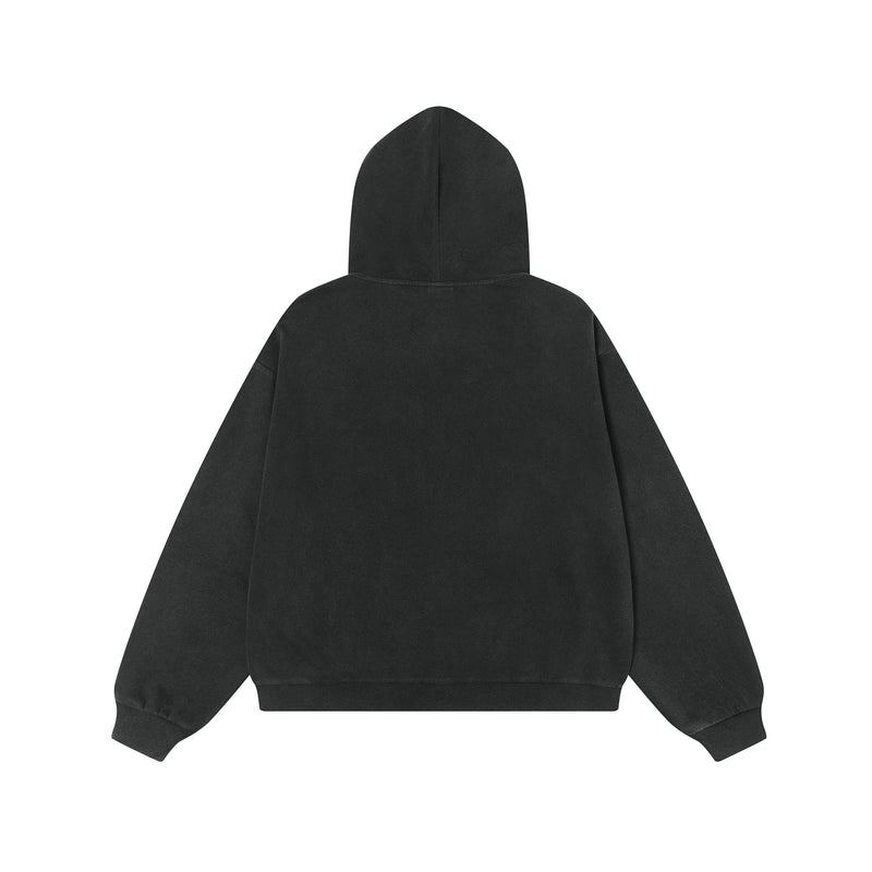 Black hoodie back view with plain hood and sleeves