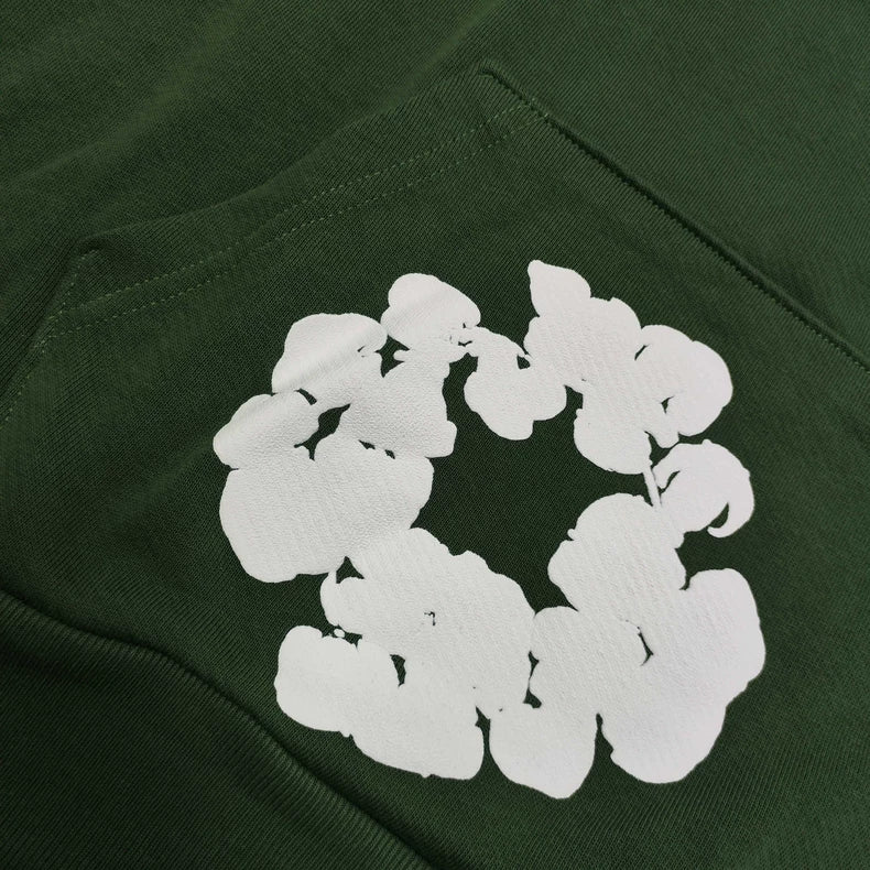 Forest Green “Cotton Wreath” Denim Tears Hoodie – White Floral Print Streetwear Pullover
