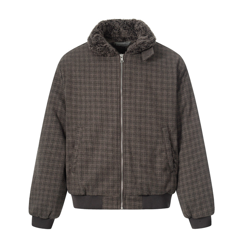 Check Pattern Faux Fur Collar Bomber Jacket | Omirad