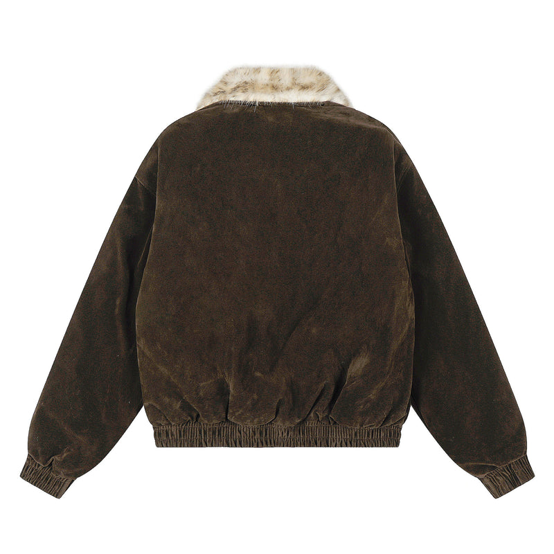 Faux Fur Collar Suede-Texture Bomber Jacket | Omirad