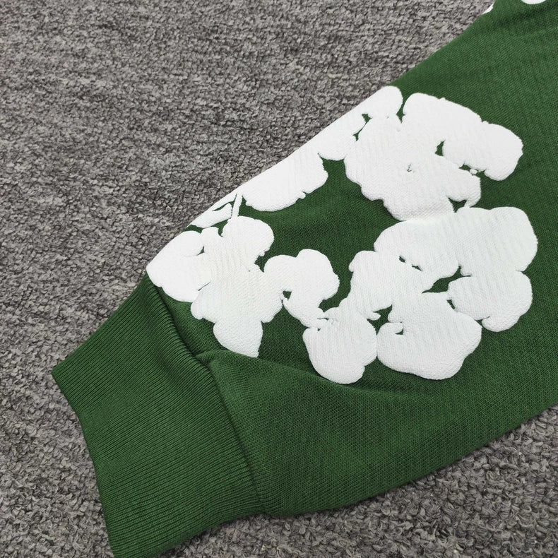 Forest Green “Cotton Wreath” Denim Tears Hoodie – White Floral Print Streetwear Pullover