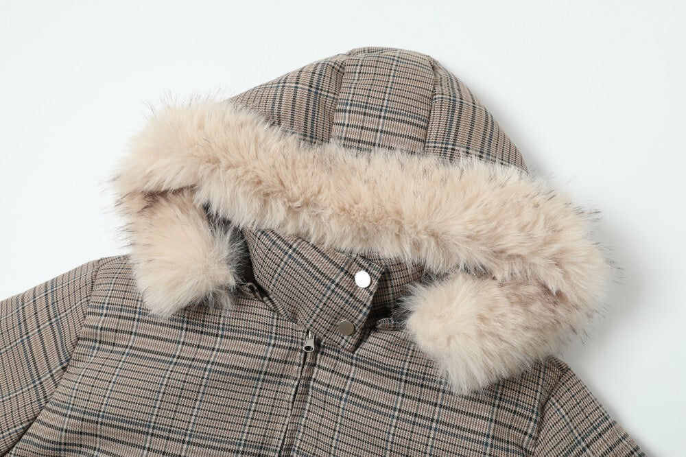 Reversible Plaid Faux Fur Hooded Puffer Jacket | SEAKOFF