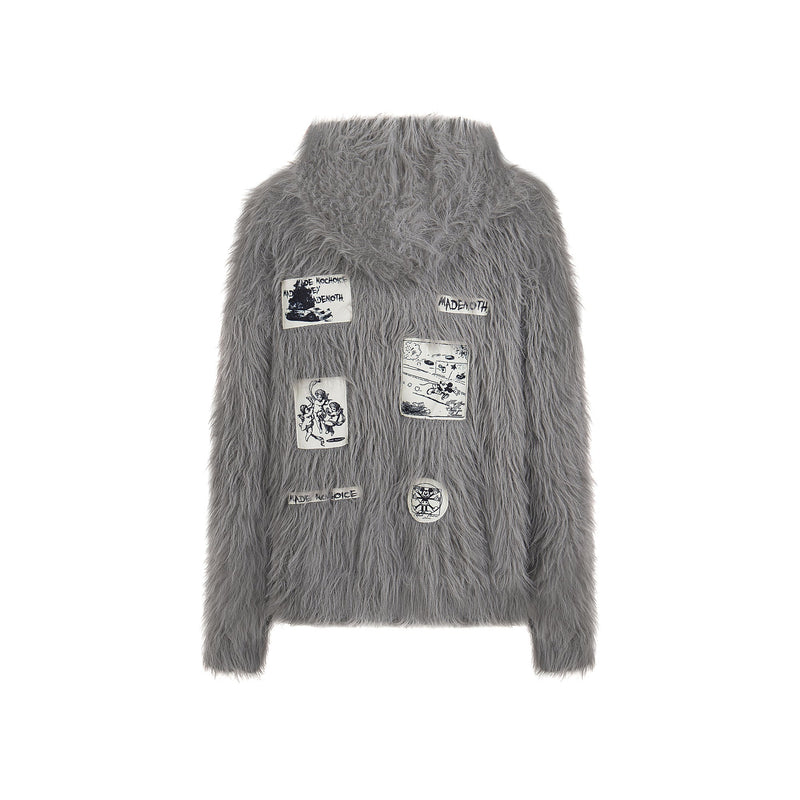 Gray shaggy knit pullover sweater with graphic patches, front view