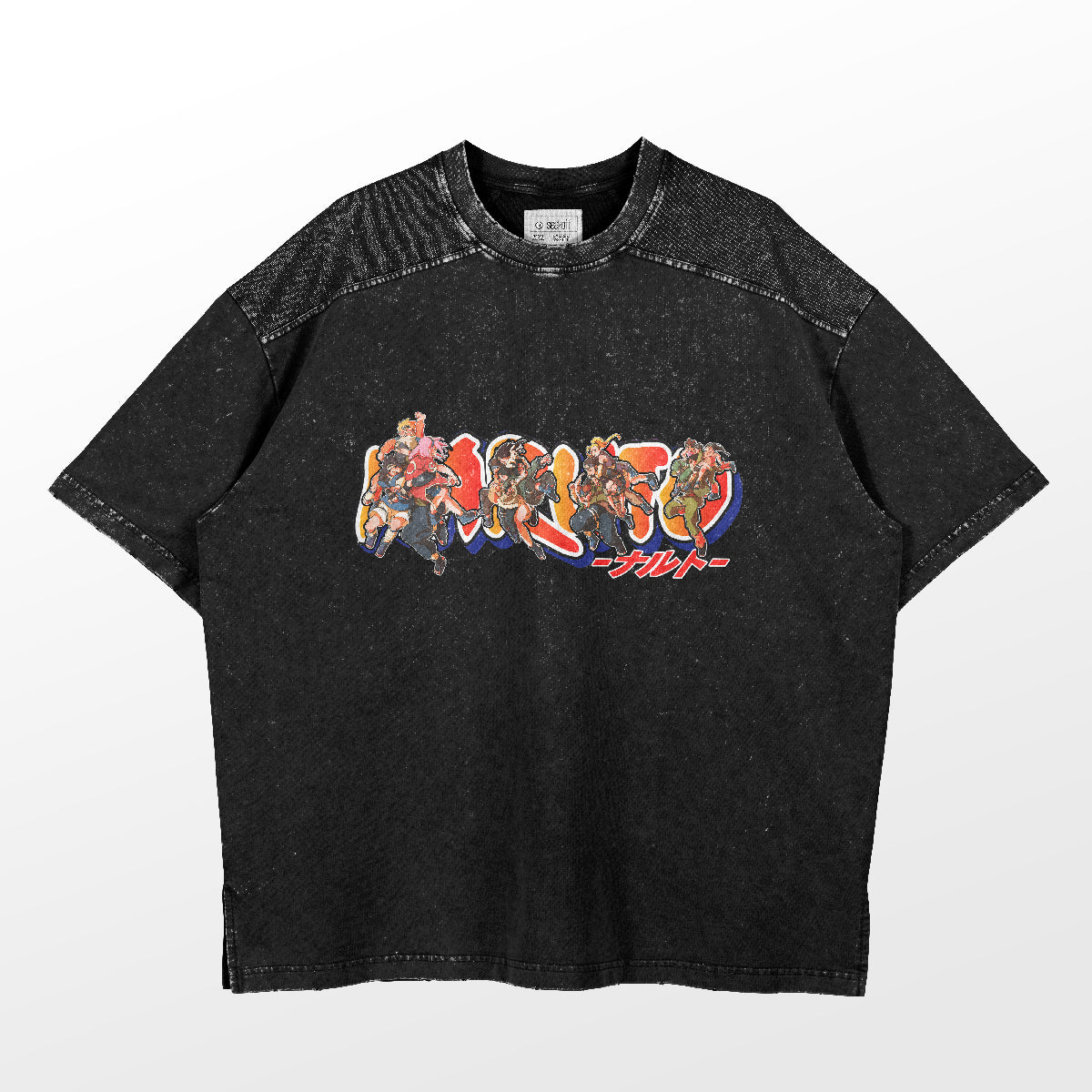 The Naruto T-Shirt by Naruto is a must-have anime apparel featuring vibrant characters, Japanese text, and the spirited Hidden Leaf Village. It boasts a black color with textured, distressed fabric, crew neck, and short sleeves for an exclusive anime design.