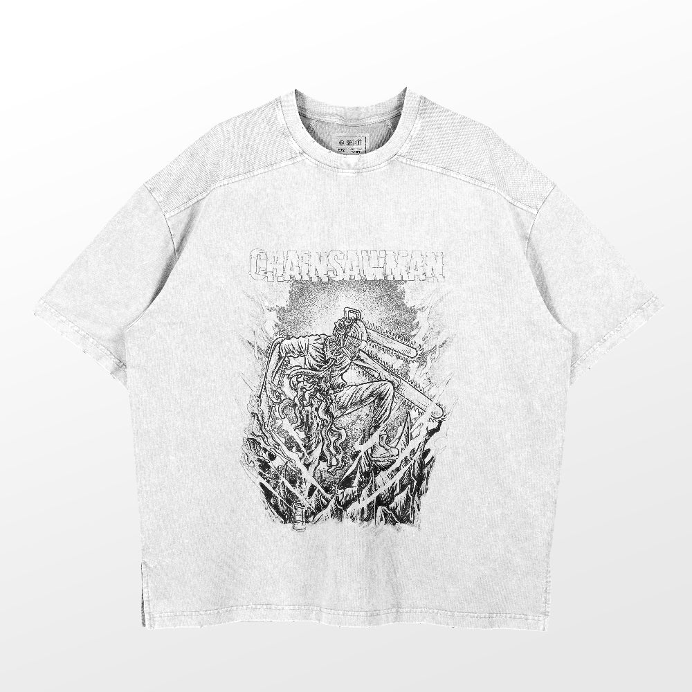 The Chainsaw Man Washed Vintage T-Shirt features a bold black and white graphic of a chainsaw-wielding figure with &quot;CHAINSAWMAN&quot; text, encapsulating a retro anime aura on high-quality gray cotton streetwear by Chainsaw Man.