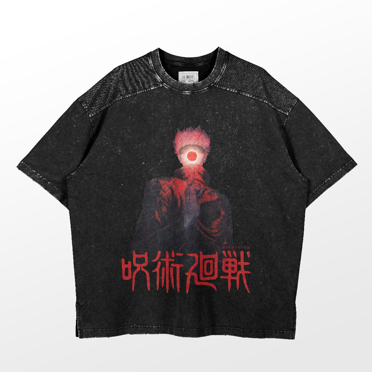 The Gojo Satoru Malevolent Shrine Jujutsu Kaisen T-Shirt features a graphic of a white-haired person with a glowing red eye circle. Bold, red Japanese characters below enhance its weathered look, appealing to anime apparel fans.