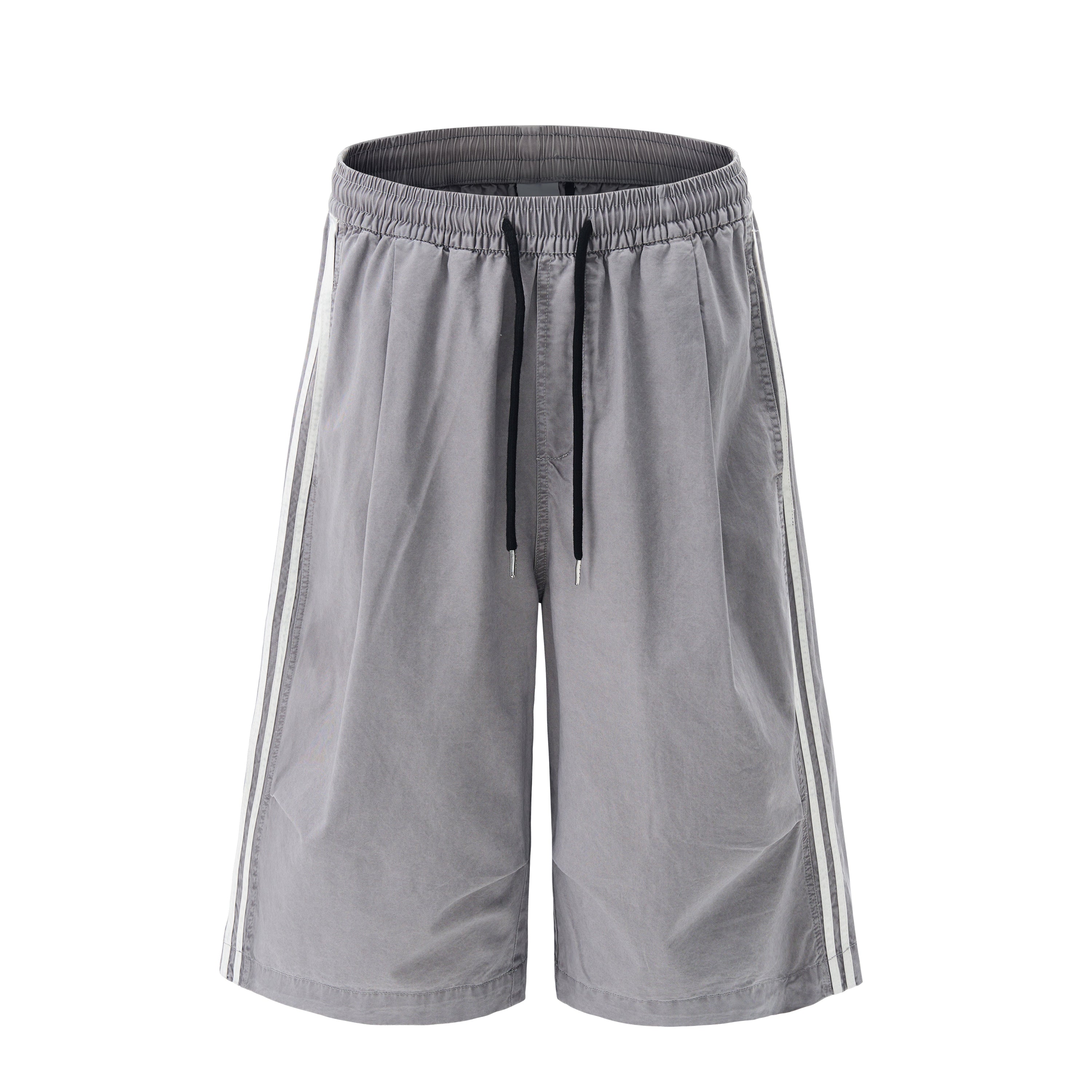 Men's Washed Wide-Leg Cotton Shorts with Side Stripes