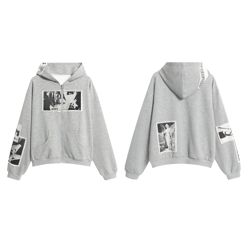 Light gray zip hoodie front and back views showing black-and-white collage graphics
