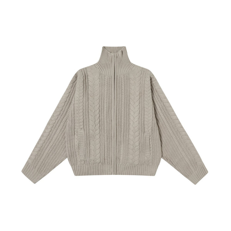 Beige cable knit zip-up turtleneck sweater, front view with long sleeves