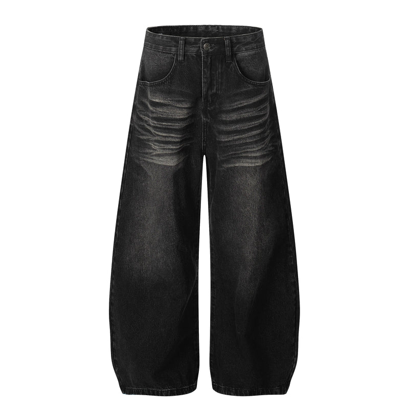 Black wide-leg jeans with whisker wash, front view