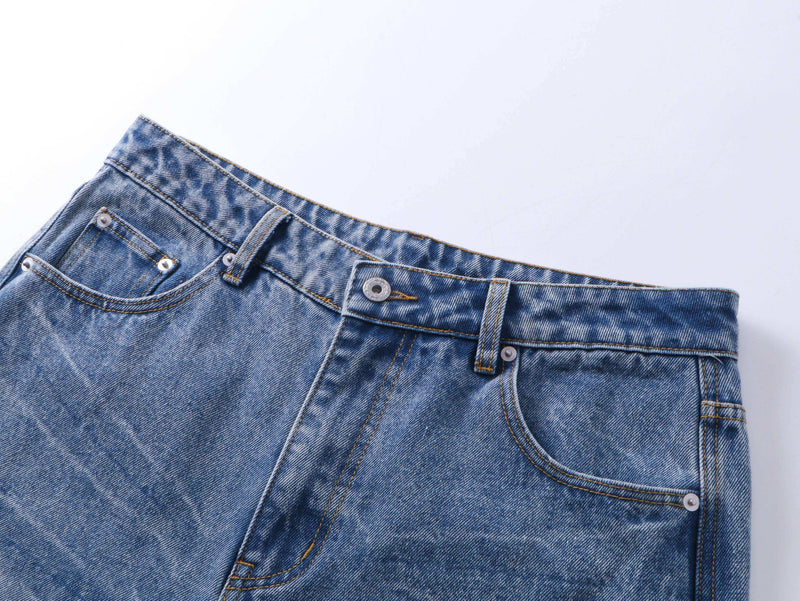 Close-up of blue jeans waistband, front pockets and belt loops