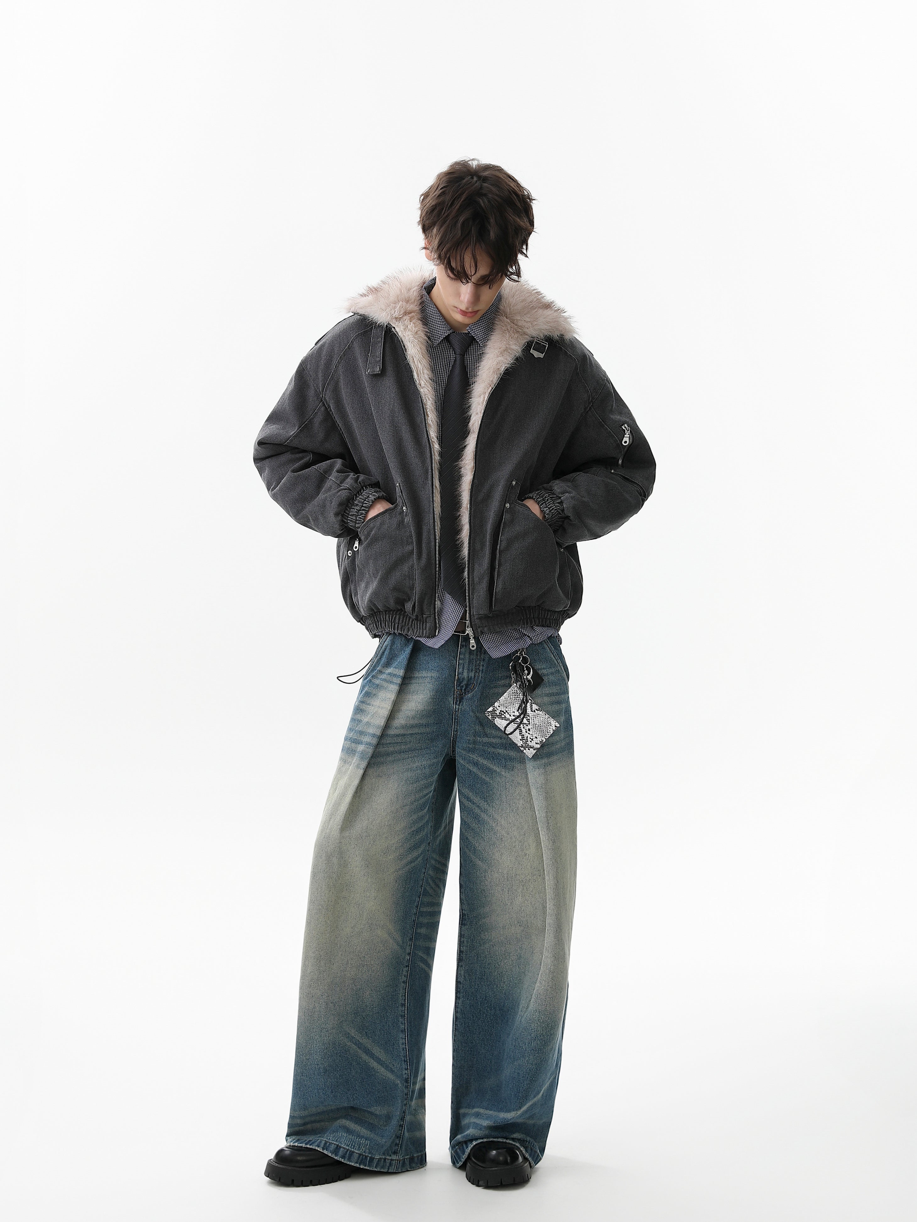 Fleece-Lined Utility Bomber Jacket | Faux-Fur Collar