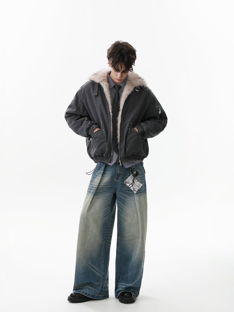 Fleece-Lined Utility Bomber Jacket | Faux-Fur Collar