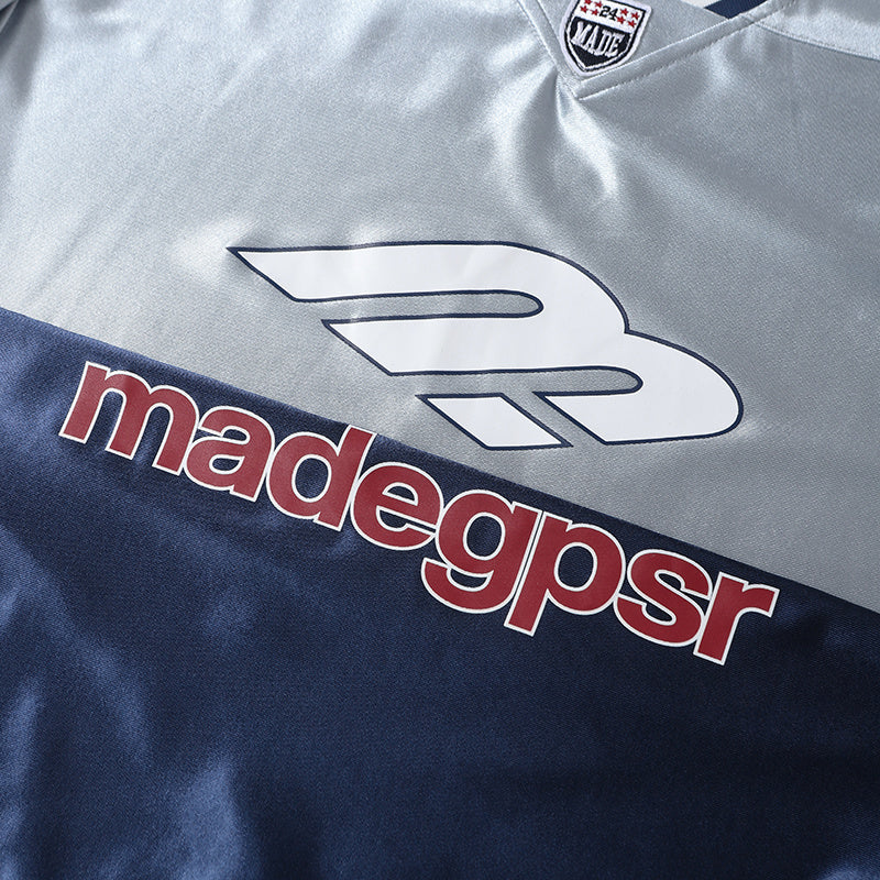 Silver and navy performance jersey tee with bold Madegpsr logo and large chest graphic