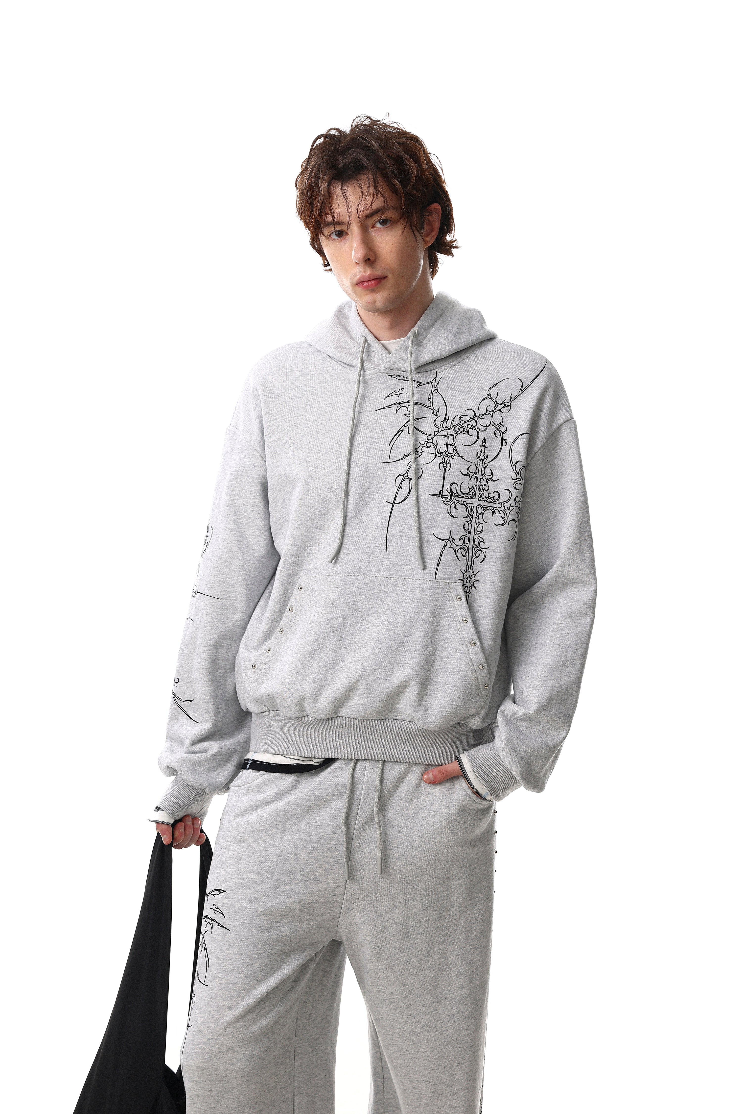 Gothic Line Graphic Wide-Leg Sweatpants with Side Rivets