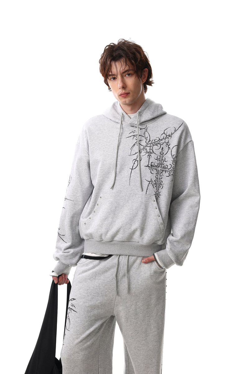 Gothic Line Graphic Wide-Leg Sweatpants with Side Rivets
