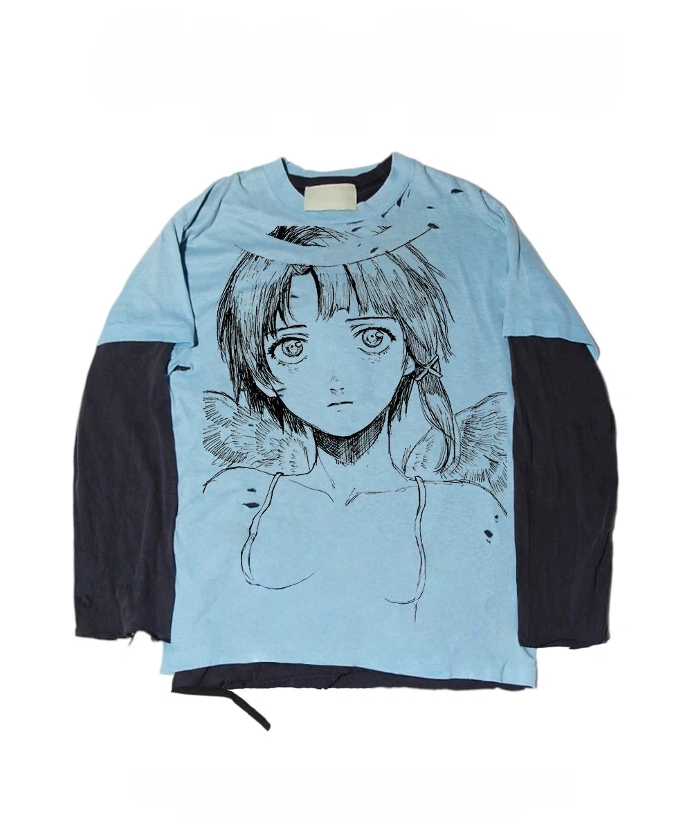 Anime Sketch Graphic Double-Layer Long Sleeve Tee in Sky Blue