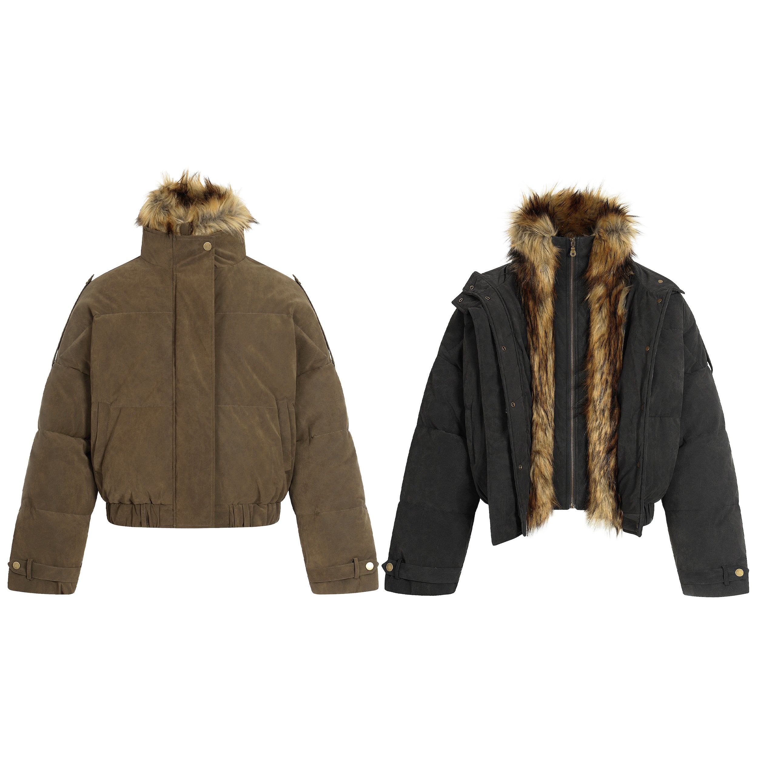 Cropped olive brown matte PU puffer jacket with detachable faux fur collar and brass snap buttons, front view
