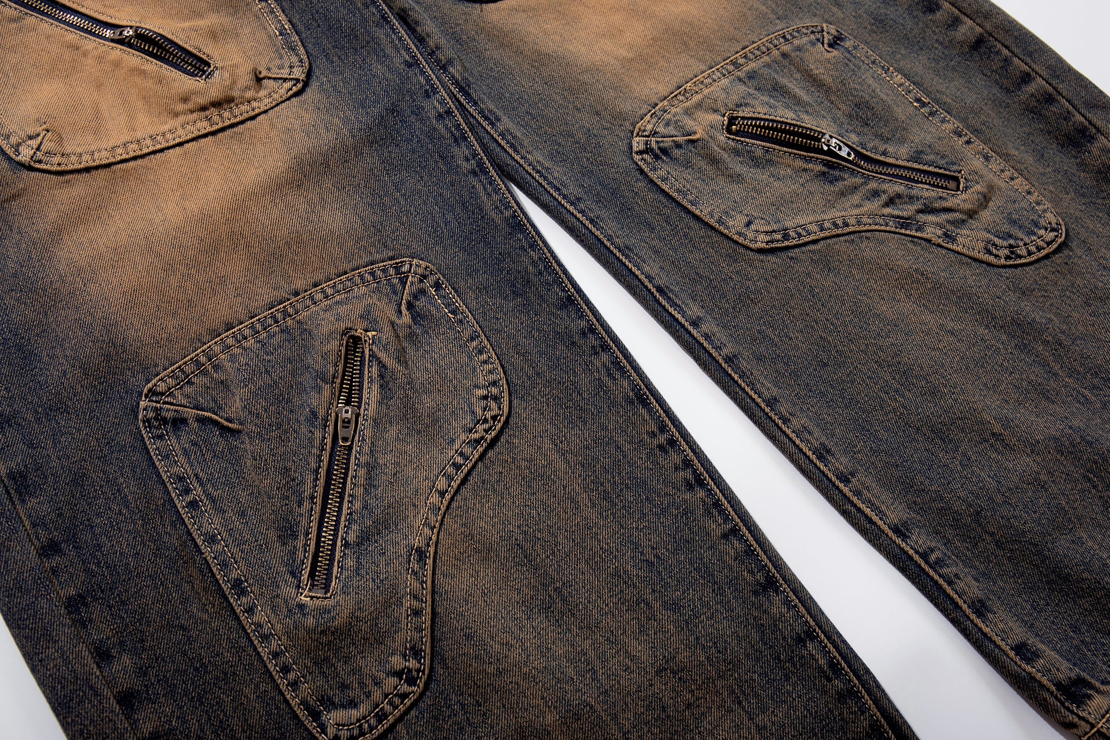 Sand-Fade Utility Wide-Leg Jeans with Zip Pockets
