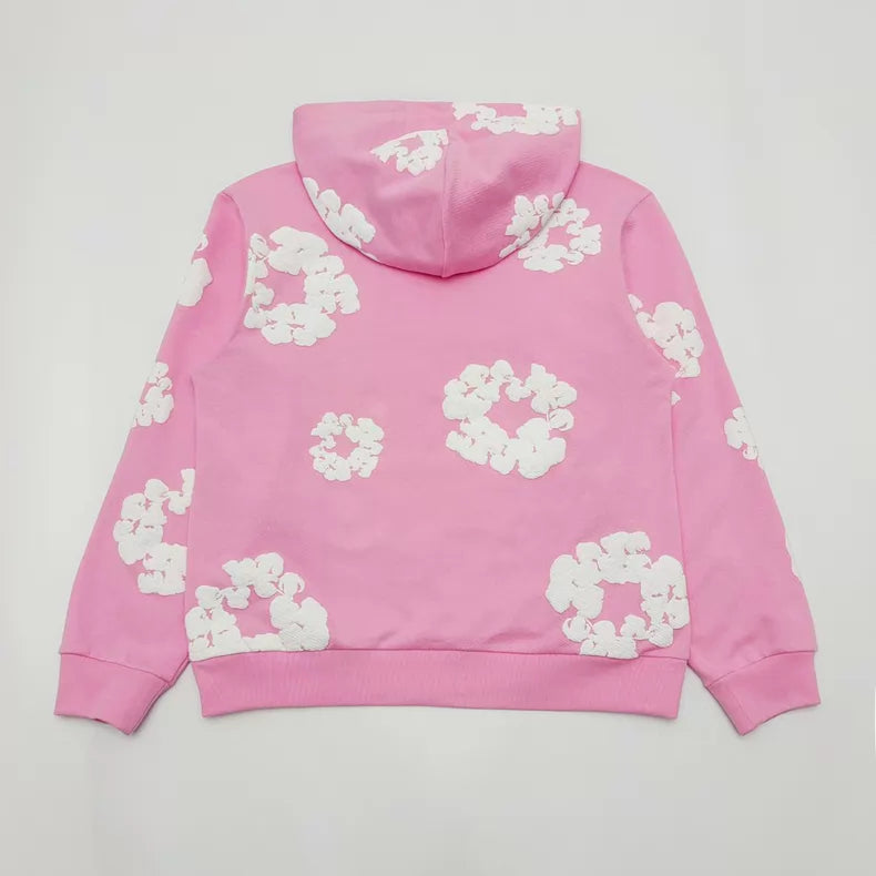 Pink “Cotton Wreath” Denim Tears Hoodie – White Floral Print Streetwear Pullover