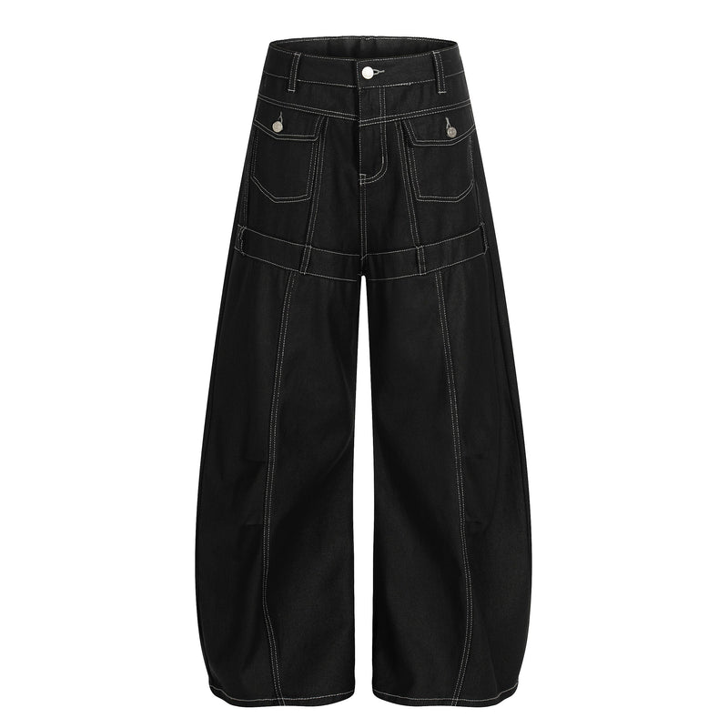 Front view of black wide barrel-leg denim pants with contrast stitching and cargo pockets