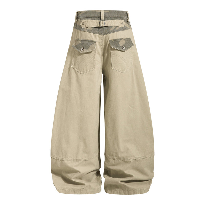 Beige wide-leg pants with camo back waistband, belt strap, and rear pockets