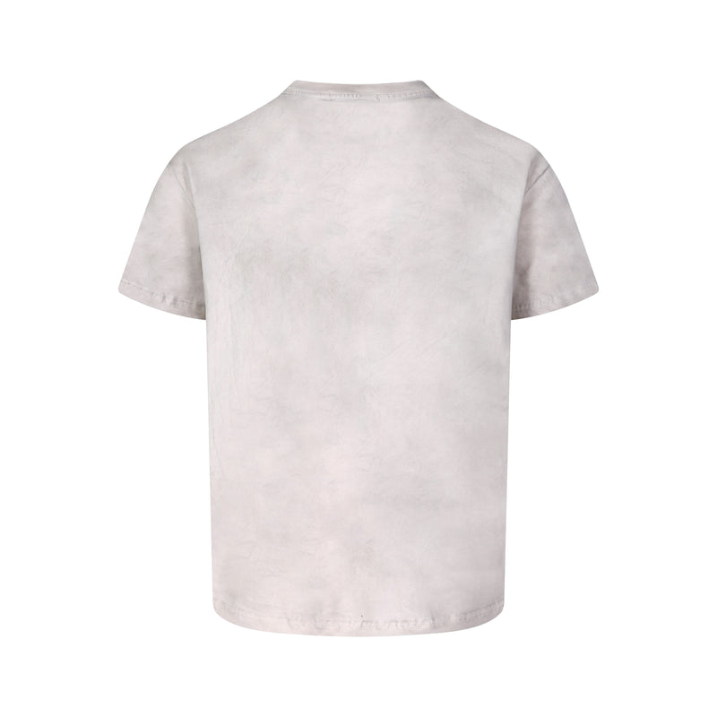 Back view of a light beige vintage washed short sleeve graphic tee with a relaxed crew neck and faded streetwear finish