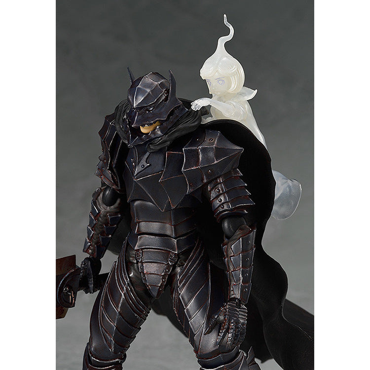 The Berserk Guts Berserker Brand Marked Action Figure by Berserk is a highly detailed PVC statue of a warrior in dark armor, featuring a small, translucent spirit on its shoulder, inspired by anime designs and set against a gray background.