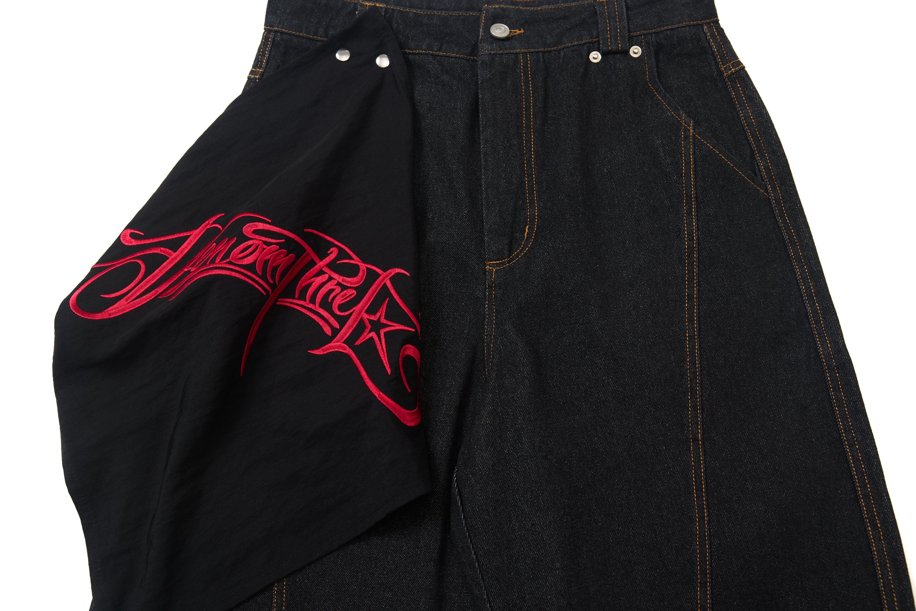 Wide-Leg Jeans with Red Embroidery & Side Drape | SEAKOFF