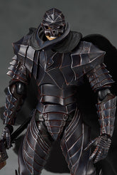 The Berserk Guts Berserker Brand Marked Action Figure features intricately designed dark armor with a helmet and cape, metallic texture, and sharp angles that embody the warrior-like essence of Guts. Set against a plain gray background, this fully poseable PVC statue is essential for anime figure collectors.