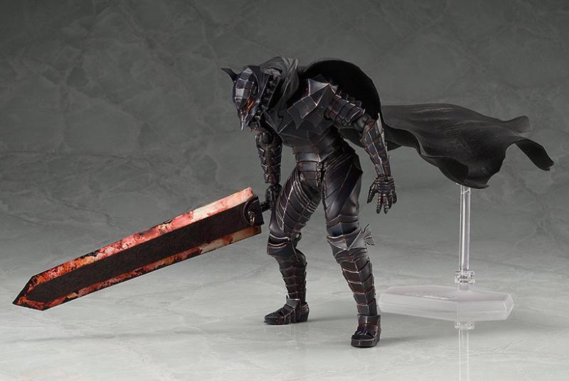 The Berserk Guts Berserker Brand Marked Action Figure features a horned helmet, black cape, and large weathered sword in a downward stance. This fully poseable PVC statue is supported by a clear stand on a marble-like surface.