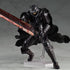 The Berserk Guts Berserker Brand Marked Action Figure, a fully poseable PVC statue featuring black armor with sharp edges, a spiked helmet, and a large sword, is showcased on a clear stand against a gray background with a flowing cape capturing its dynamic essence.