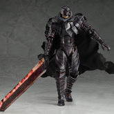 The Berserk Guts Berserker Brand Marked Action Figure is a fully poseable PVC statue, showcasing dark armored attire and a large red-tinged sword. It features intricate armor with a menacing helmet design and a black cape, capturing the essence of powerful aggression against a simple gray background.