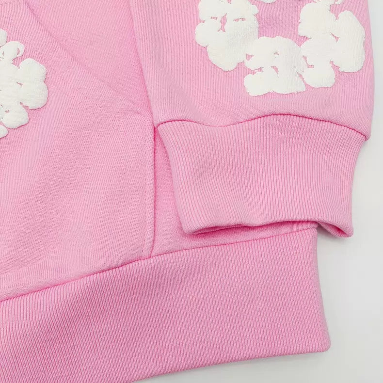 Pink “Cotton Wreath” Denim Tears Hoodie – White Floral Print Streetwear Pullover