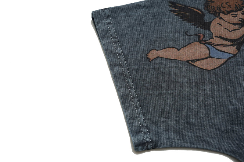 Vintage wash dark gray graphic tee with stitched sleeve hem and a cherub print detail on the front